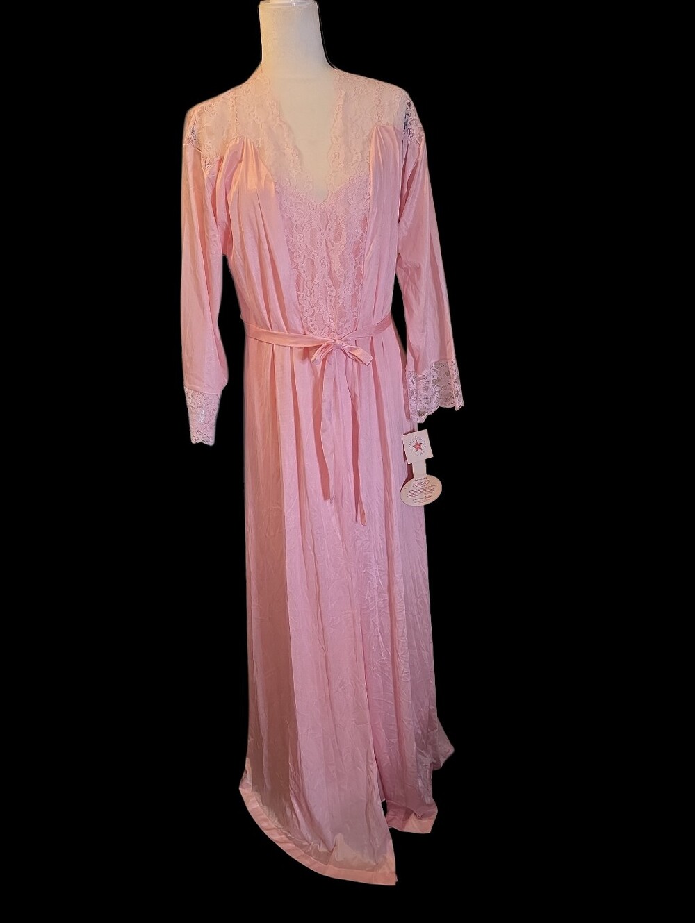 Vintage Deadstock Kayser Women's Pink Lace-Trim Long Robe&Gown Set Small